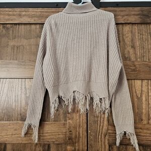 Roll Fold Mock M Sweater Taupe Gray Brown Distressed Jagged Frayed Turtleneck